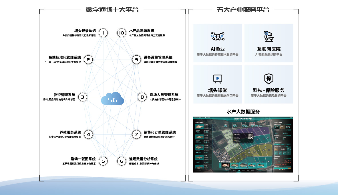 数字渔场十大平台，塘头记录系统、鱼塘标准化管理系统、物资管理系统、养殖服务系统、渔场一张图系统、渔场数据分析系统、销售和订单管理系统、渔场人员管理系统、设备设施管理系统、水产品溯源系统；五大产业服务平台，AI渔业：基于大数据的养殖技术服务平台、互联网医院：AI智能鱼病诊断平台、塘头课堂：基于大数据的课程推送学习平台、科技+保险服务：基于大数据的保险服务平台